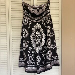 White House| Black Market, black and white print, silk strapless dress. Like New